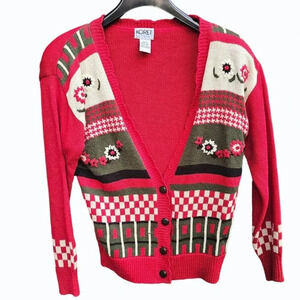 Vtg Koret Women's Green and Red Cardigan Grandma Lagenlook Embellished FLAW
